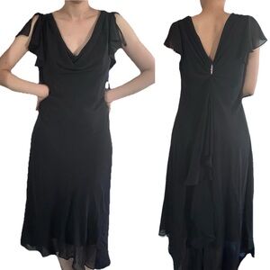 Vintage S.L. fashions Women Black Ruffle Draped Rhinestone Brooch Dress 14